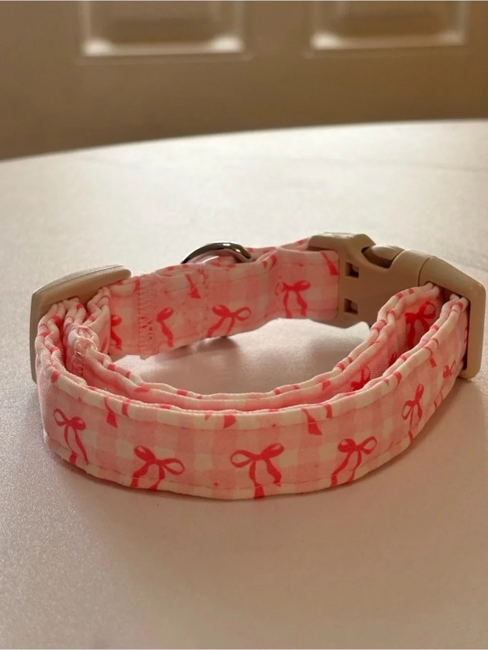 Pink Bow-Print Adjustable Dog Collar with Charm